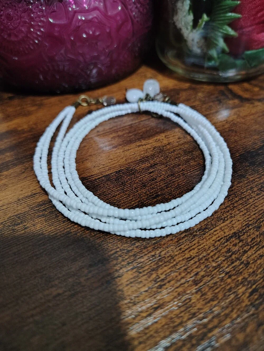 White Beaded Triple Strand Necklace With Charm Pendant,  Handmade Necklace